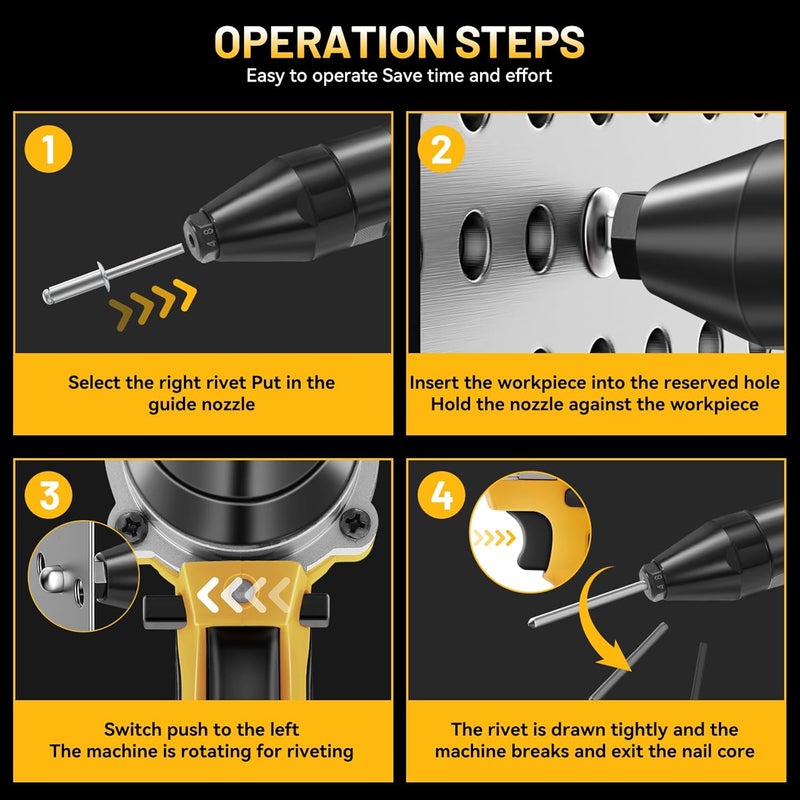 Labfintom Cordless Rivet Gun Tool for Dewalt 20V Max Battery, Brushless Electric Automatic Rivet Gun for Rivets 1/8'', 5/32'', 3/16", Pop Rivet Tool with 100PCS 5/32'' Rivets for Metal, Plastic (No Battery) - Image 4